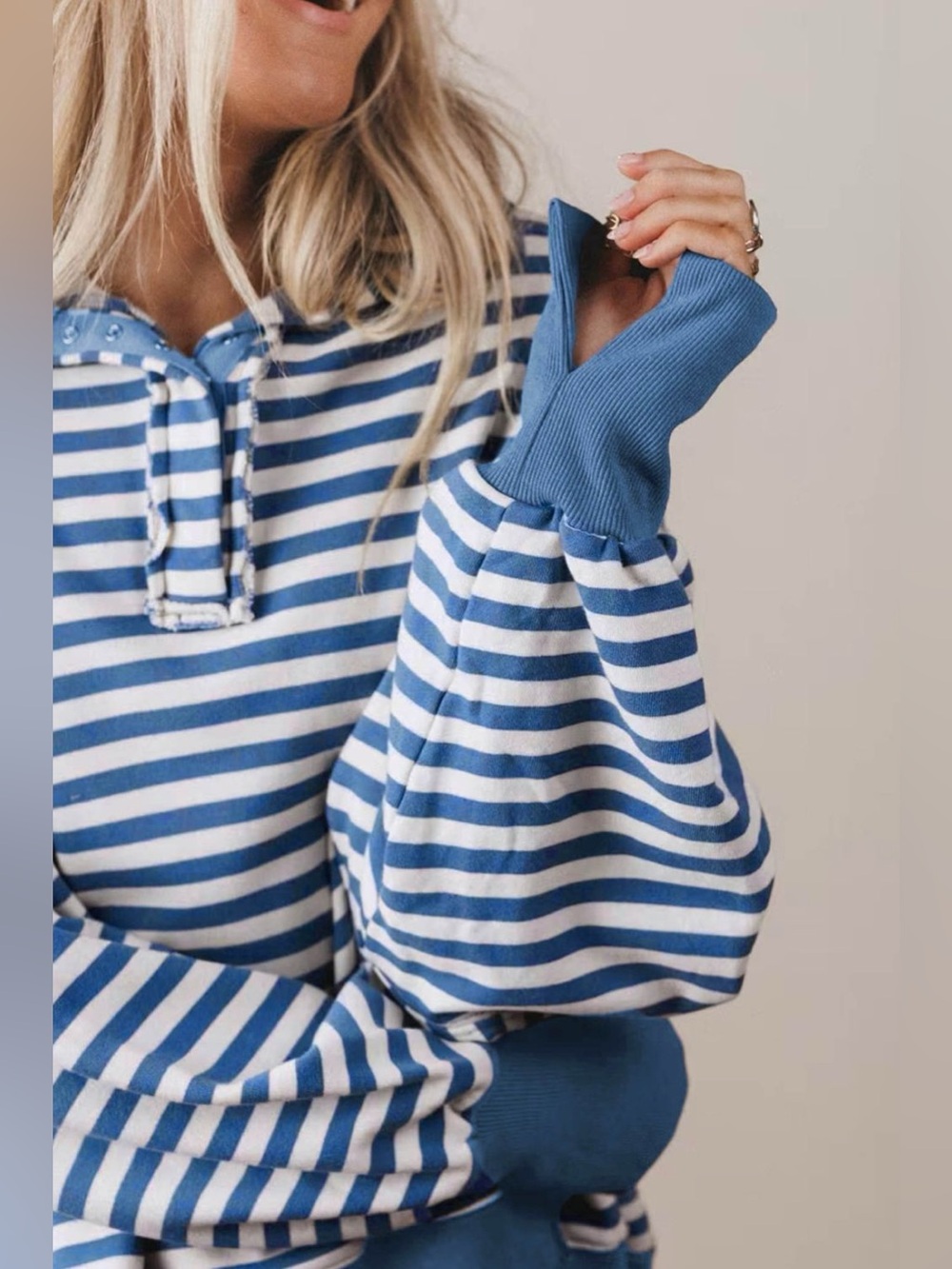 Stripe Color Block Trim Raw Seam Split Hem Loose Sweatshirt - Picture 8 of 16